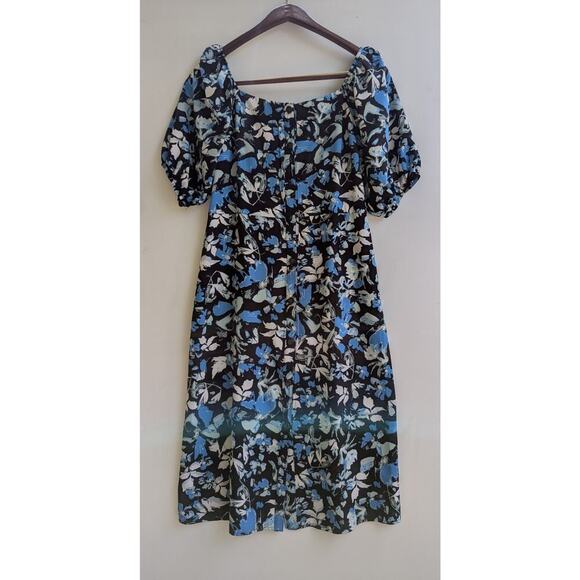 Ophelia Roe Dress Size L Floral Button Front Puff Sleeves Midi Square Neck - Picture 1 of 9